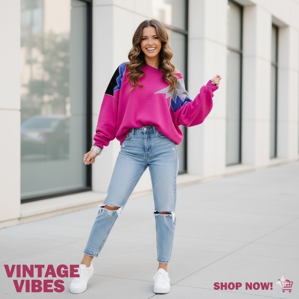 Vintage 80s Hildy N Me Magenta colorblock Sweatshirt One Size USA handmade look